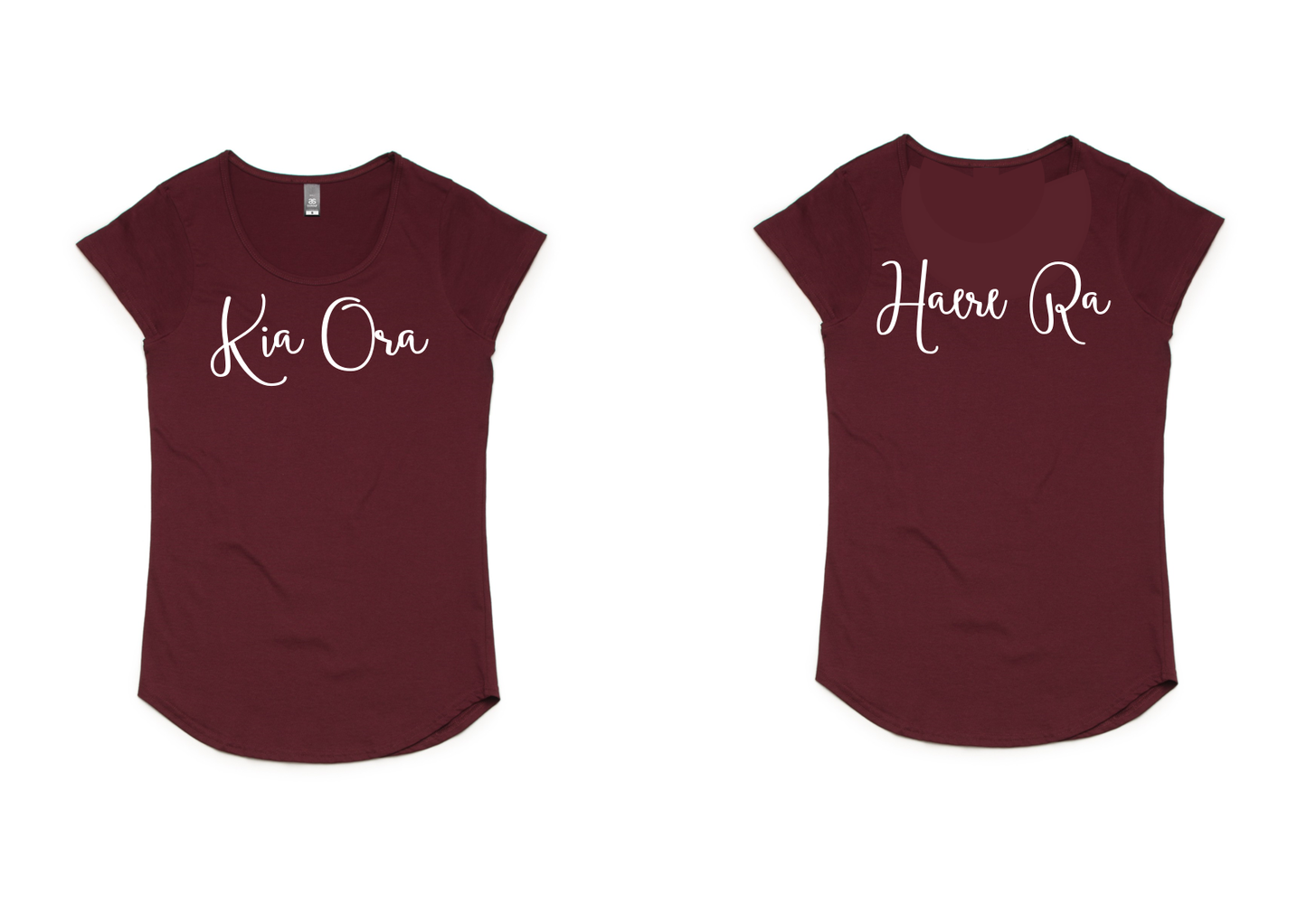 Kia Ora - Haere Ra Ladies Tee in Navy/Gold Black/White or Burgundy/White
