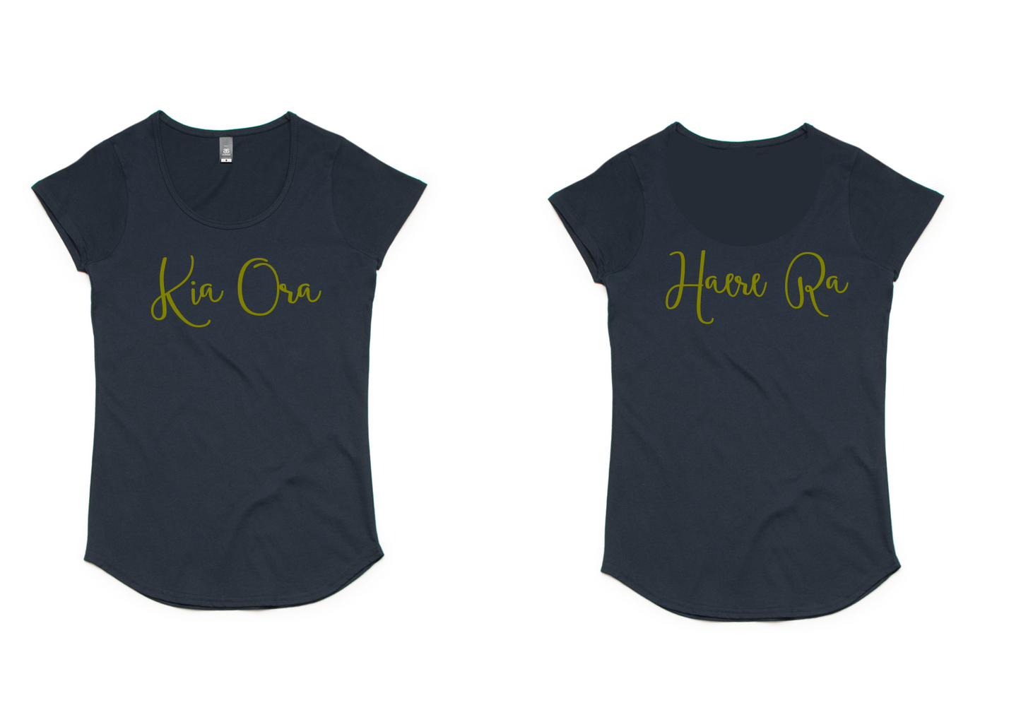 Kia Ora - Haere Ra Ladies Tee in Navy/Gold Black/White or Burgundy/White