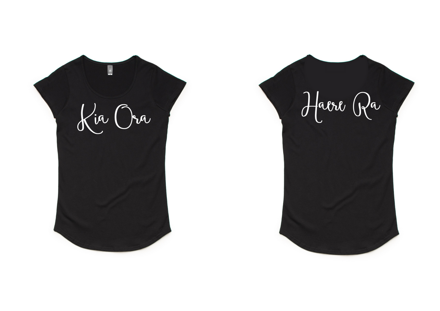Kia Ora - Haere Ra Ladies Tee in Navy/Gold Black/White or Burgundy/White