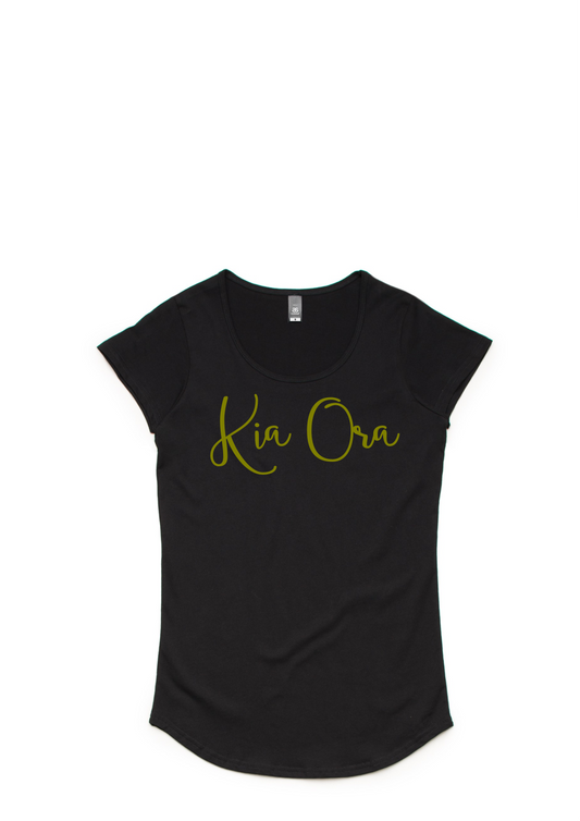 Kia Ora - Haere Ra Ladies Tee in Navy/Gold Black/White or Burgundy/White